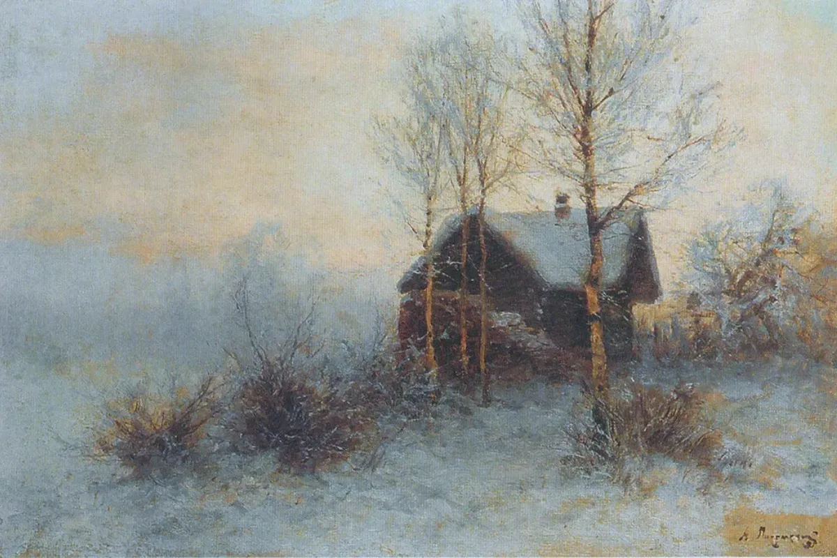 Julius Klever  với bức tranh "Phong cảnh mùa đông với một túp lều", 1899