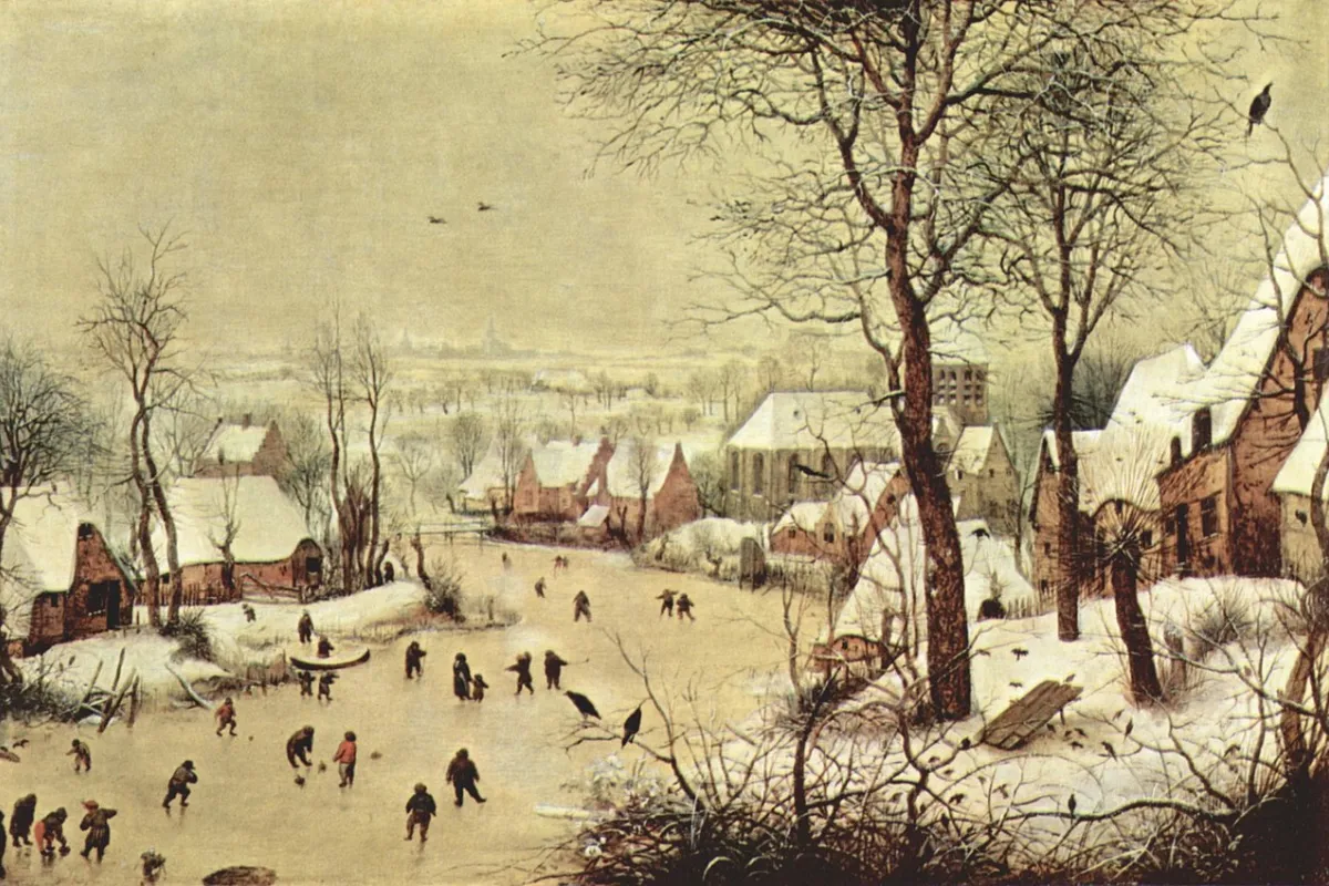 Pieter Brueghel the Elder, "Phong cảnh mùa đông với người trượt ván và bẫy chim", 1565