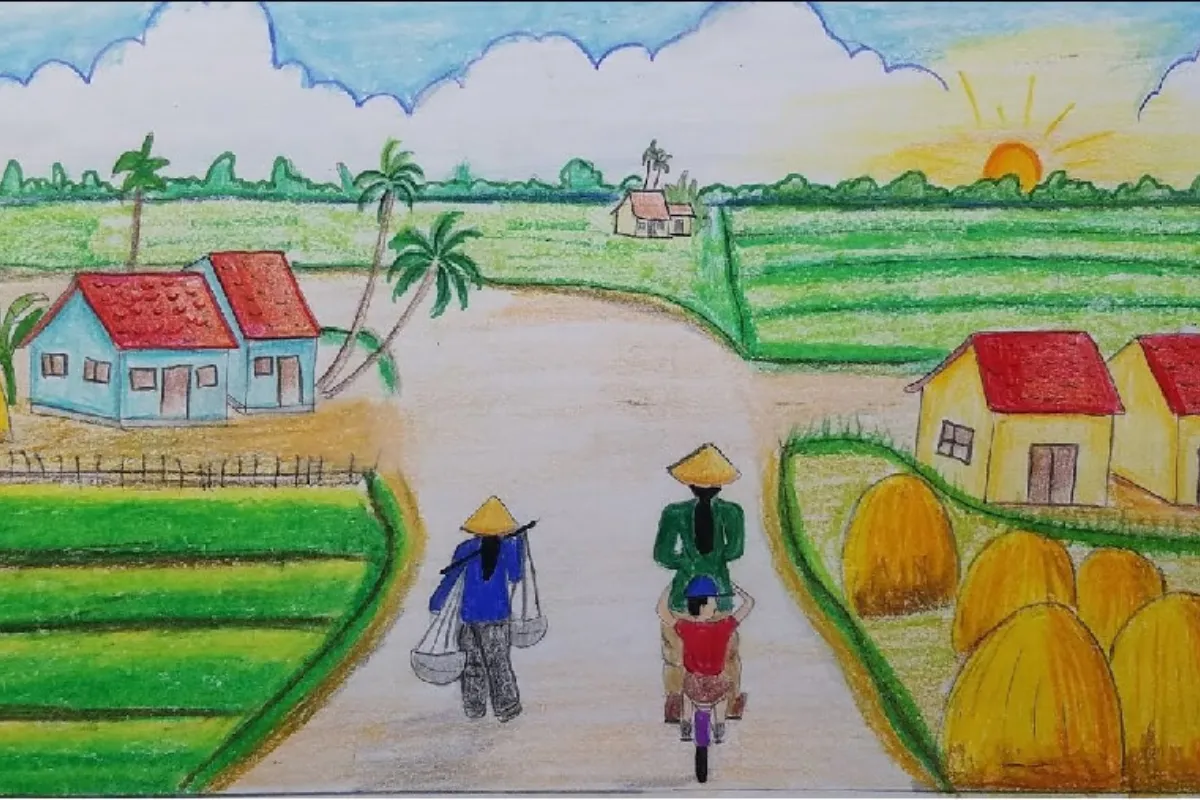 Tô màu nền - Hướng dẫn vẽ tranh Phong Cảnh đơn giản cho học sinh lớp 7